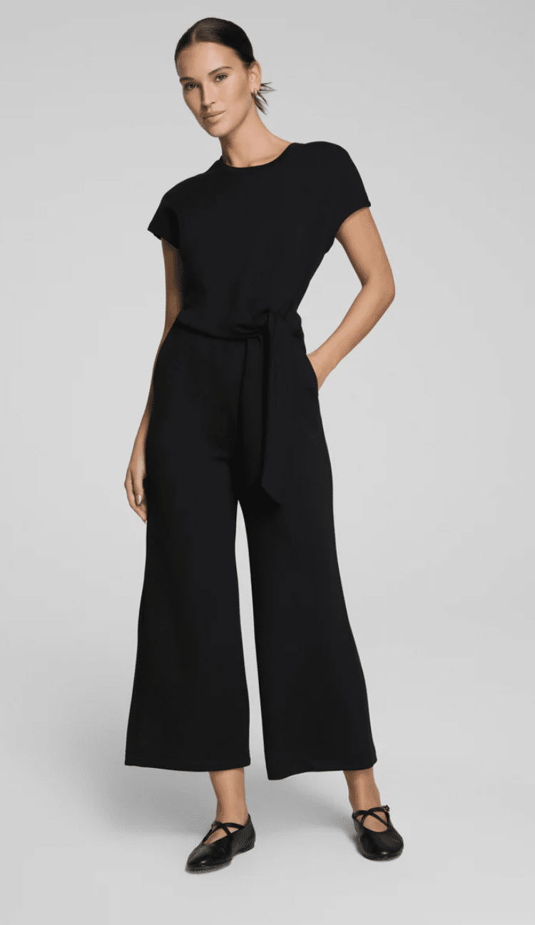 Split-neck cropped jumpsuit—comfortable graduation outfit for women over 50.